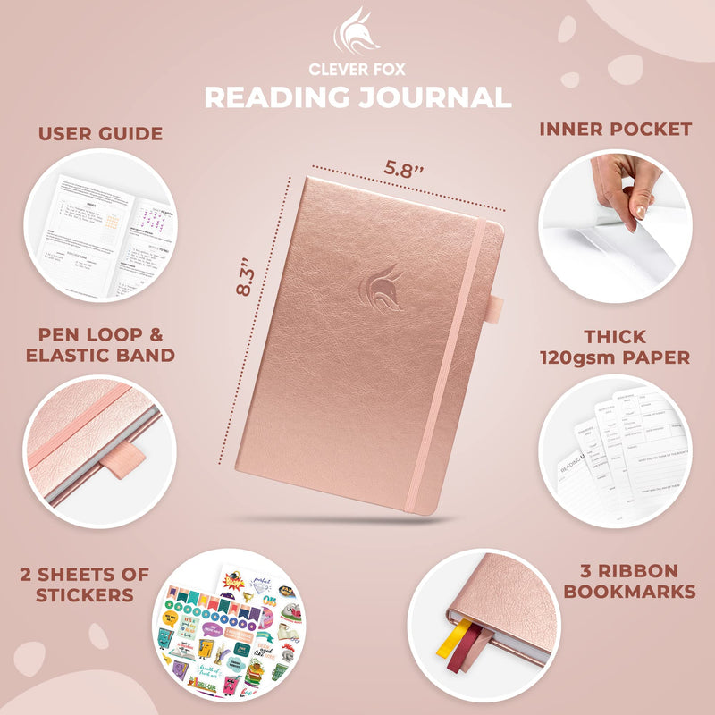 Clever Fox Reading Journal – Guided Book Review Log with Reading Tracker – Gift Book Accessories for Reading Lover – Book Tracking Journal for Kids & Adults – A5 Size, 14.6x21.3cm (Rose Gold)
