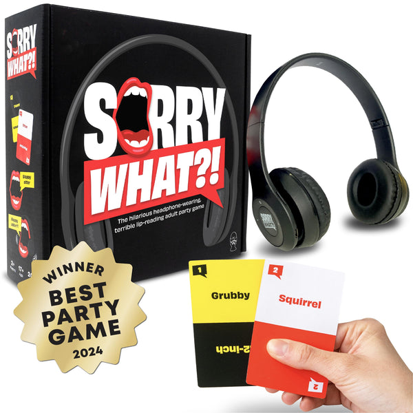 Sorry What - Hilarious Terrible Lip Reading Adult Party Game - Based On The Headphone Challenge TikTok Trend - 2+ Players 40,000 Funny Word Phrase Combinations - Card Game for Adults, Birthday Gifts