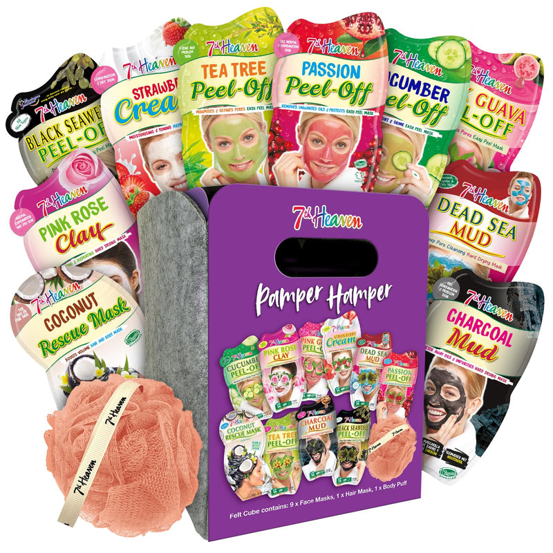 7th Heaven Pamper Hamper Skincare Set - 9 x Face Masks Skincare, 1 x Hair Masks for Dry Damaged Hair and 1 x Body Puff - Gift Set of Peel Off Face Masks & Clay Face Mask Sachets