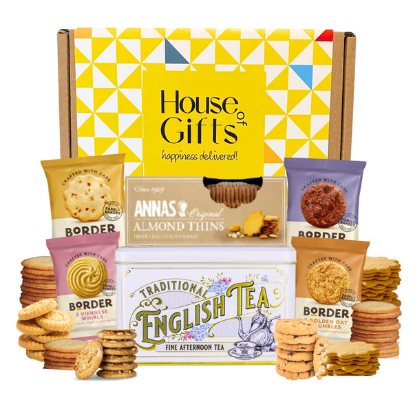 Biscuits Gift Set Afternoon Tea Hamper with 8 Border Biscuits, English Tea Tin with 40 Teabags & Anna's Almond Biscuits | Grandparents, Mum, Dad, Birthdays - Gift Guide