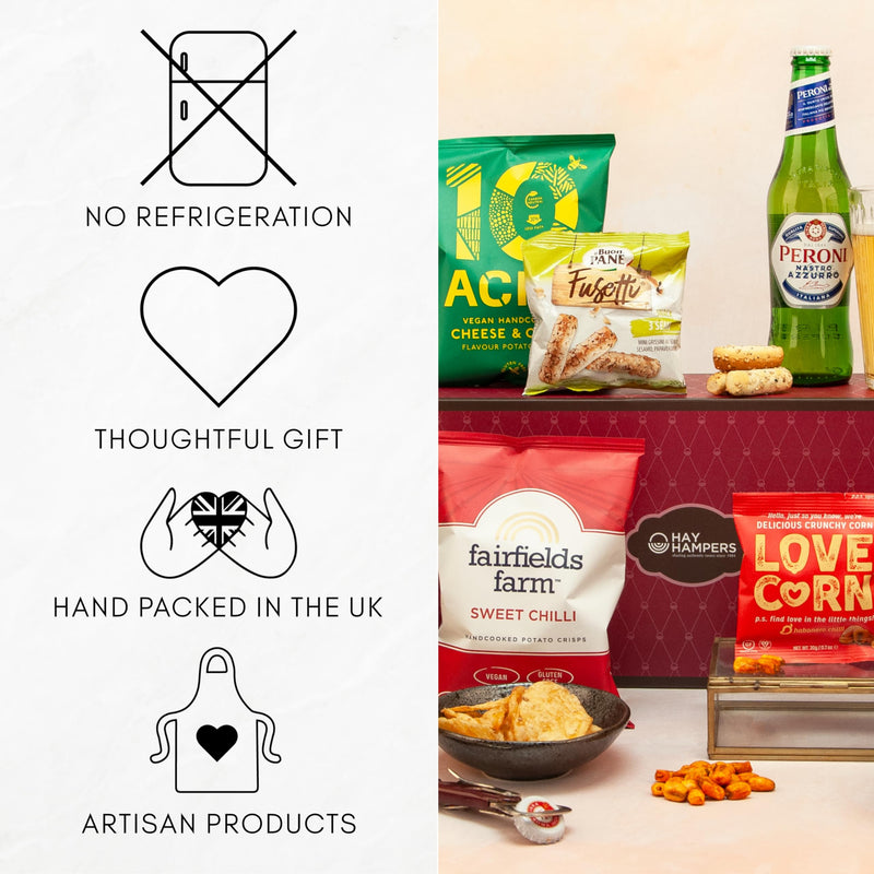 Beer and Pub Snacks Hamper - Gift Hamper with Peroni Lager, Pub Snacks, Crisps, Breadsticks & Corn Kernels – Gift for Dad, Best Dad Hamper, Beer Hamper for Men - Hay Hampers