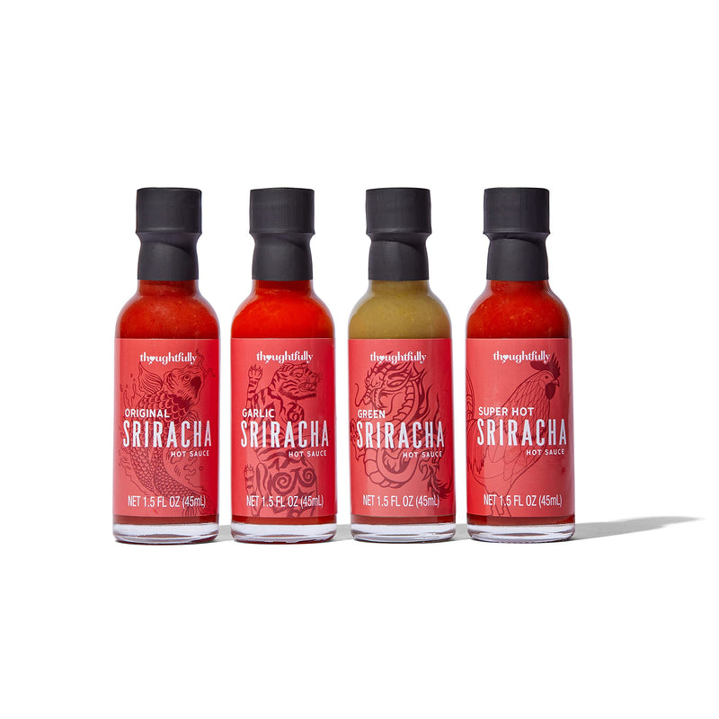 Thoughtfully Gourmet, Sriracha Hot Sauce Gift Set, Hot Sauce Flavours Include Original, Garlic, Green, and Superhot Sriracha Sauce, Pack of 4 - Gift Guide