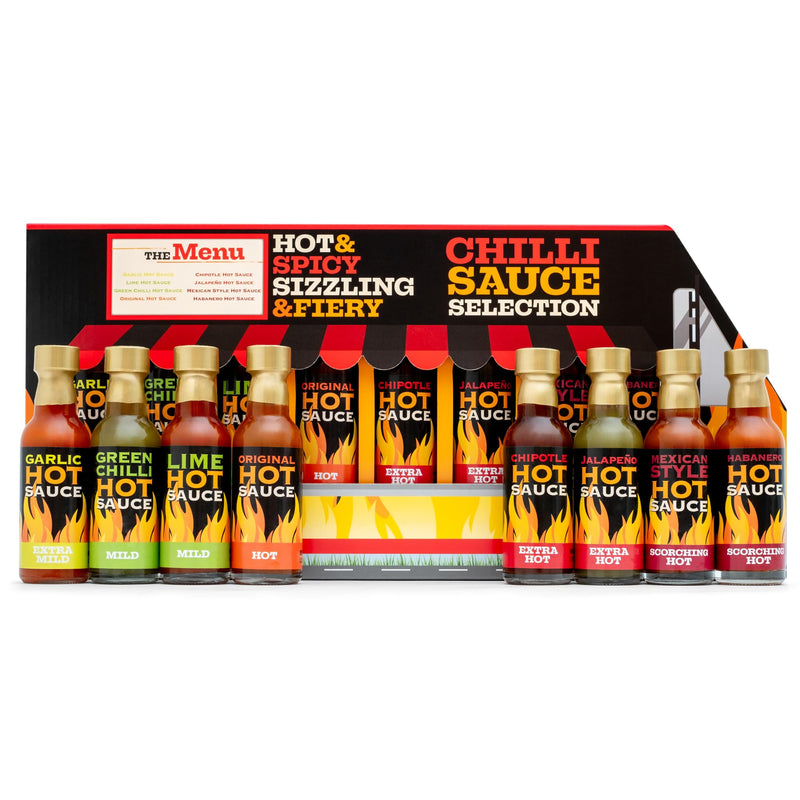 Hot Sauce Gift Set - Chilli Sauce Selection 8 Pack Including Sriracha, Tabasco, Naga and More Spicy Challenge Food Gifts for Men, Unique Mens Gift Set, Boyfriend, Dad Gifts for Birthday, Fathers Day - Gift Guide