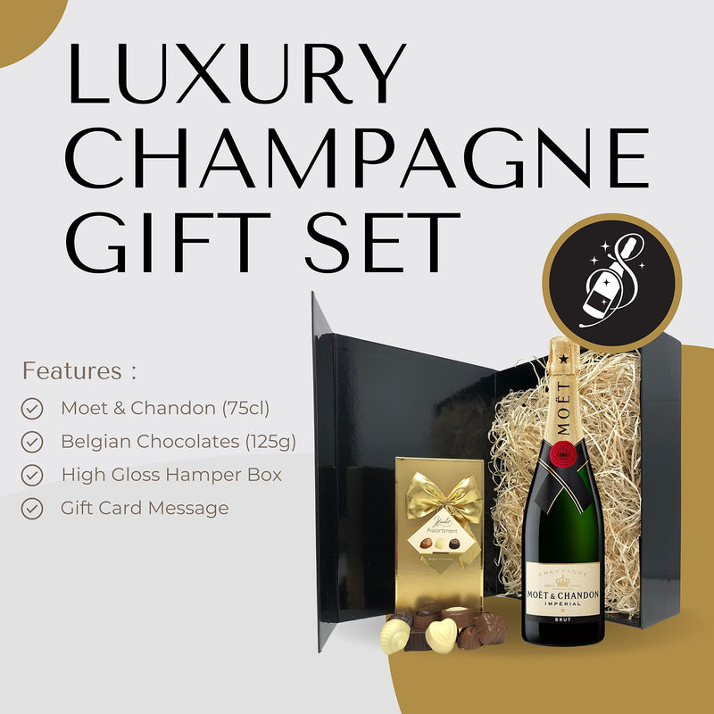 Champagne Gift Set - Moet and Chandon Champagne and Chocolates Gift Hamper Box - Birthday Gift Sets for Women, Men, Couples or Best Friend