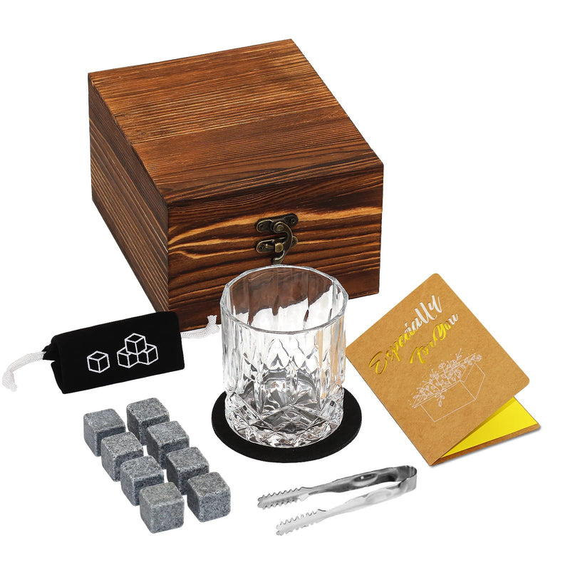 Whiskey Stones and Glass Gift Set for Men, KAQ 8 Natural Whisky Stones 1 Crystal Whisky Glass with 1 Blessing Card in an Vintage Wooden Box, Present for Him/Dad/Husband/Men - Gift Guide