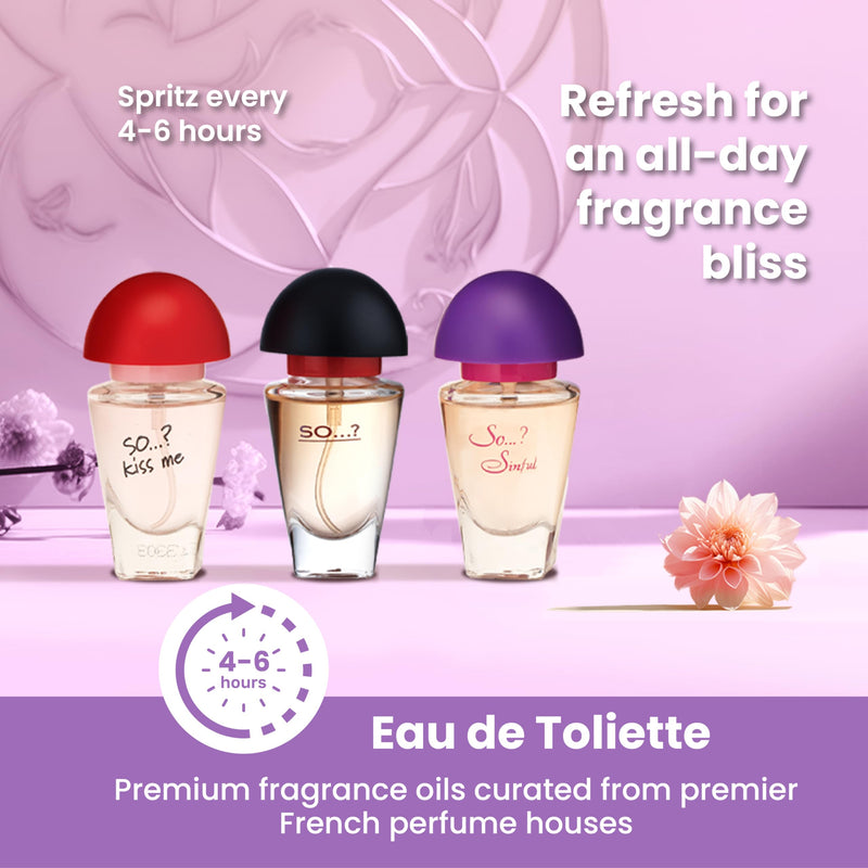 SO…? Three For Me Premium Womens Perfume Gift Set, Kiss Me, Sinful, SO...?, Eau De Toilette with Long Lasting Fragrance - Travel Size Mini Perfume for Girls, Ladies Gift Sets (3 x 15ml)