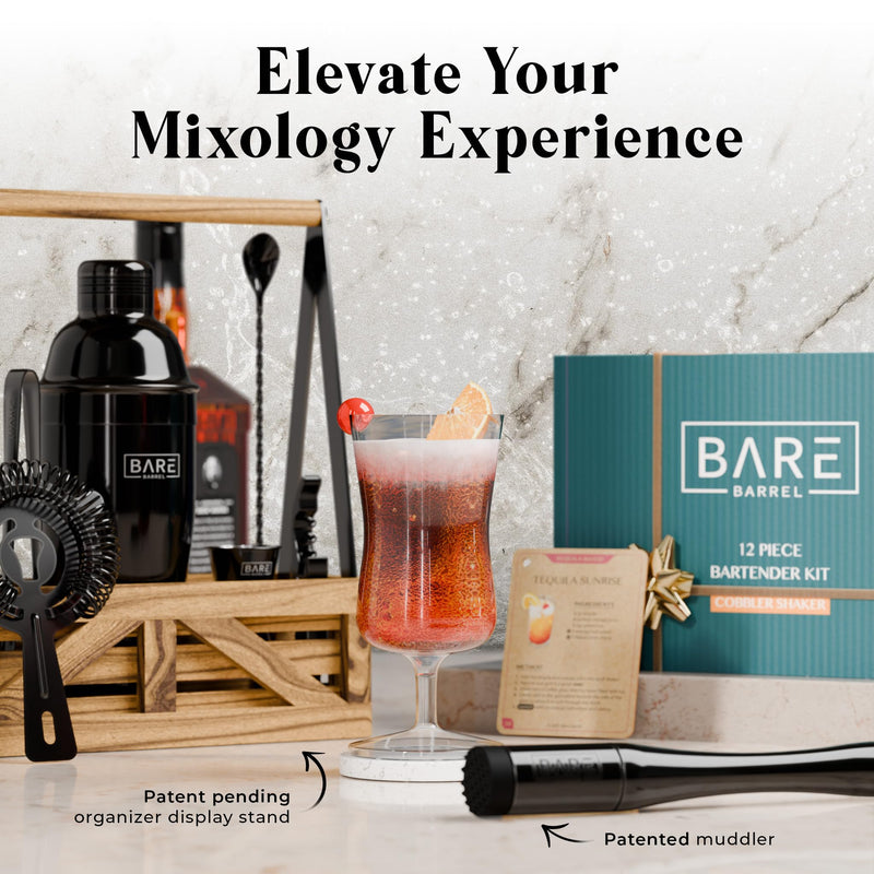 BARE BARREL® Martini Cocktail Making Kit | Bartender Kit Cocktail Shaker Set Maker | Farmhouse Rustic Portable Caddy & 35 Recipe Cards | Mixology Cocktail Gift Set (Black.)