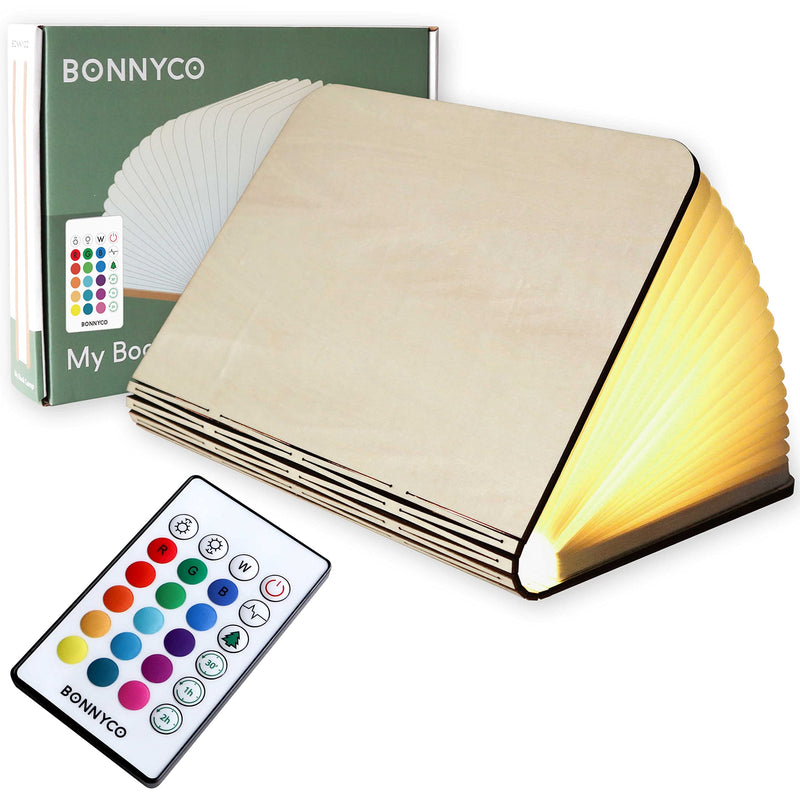 BONNYCO Led Book Light Wooden Folding Lamp with Remote Control, 16 Colours & Timer Table Book Lamp Night Light Perfect for Home, Office & Room Decor | Christmas & Birthday Gifts for Men Women