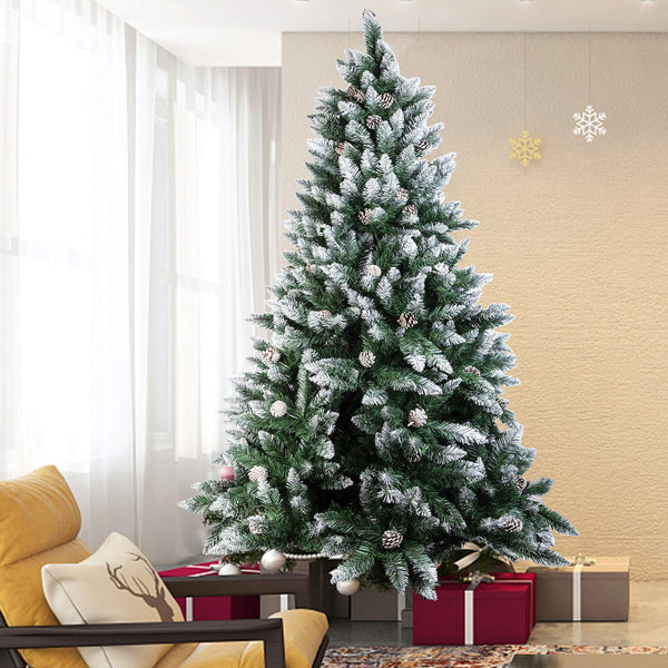 Cliselda 5ft Artificial Christmas Tree with Pine Cones, Snow Flocked Xmas Tree With Metal Solid Stand for Holiday Home Indoor Decoration, Green/White - Gift Guide