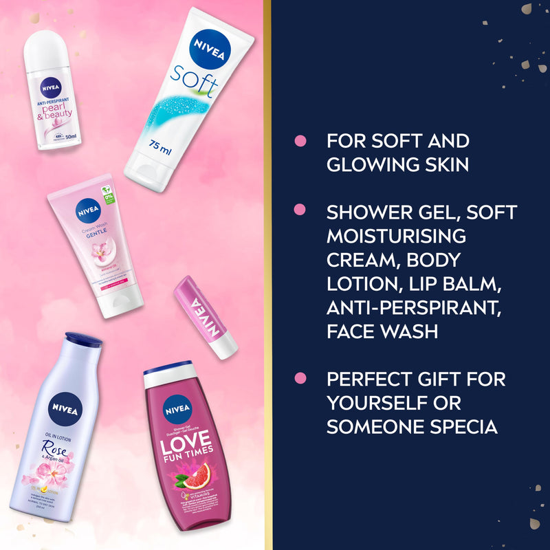 NIVEA Pamper Me With Care Gift Set (6 Products), Women's Gift Set with Shower Gel, Moisturising Cream, Body Lotion, Lip Balm, Anti-Perspirant Roll-On, and Cream Wash