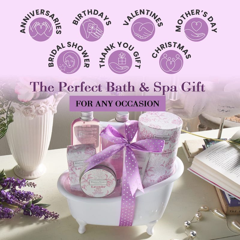 Winter in Venice Lavender Mist Tub Bath Gift Set, Pamper Gifts for Woman with Body Lotion, Shower Gel, Bath Soak, Body Butter, Bath Salts, Soap & Body Scrub, Bath Gift Sets for Women