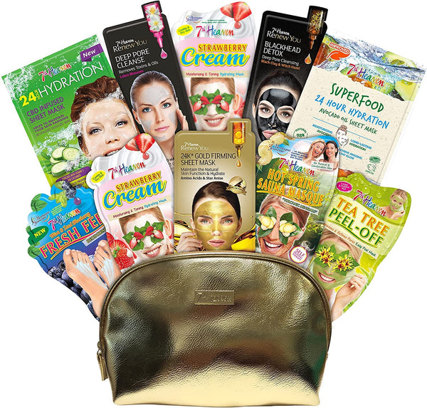 7th Heaven XL Pamper Bag Gift Set - Pack of 10 Variety Masks in a Gold Cosmetic Bag - Skincare Set Including Face Masks, Foot Masks, Hair Masks and More - Contents May Vary