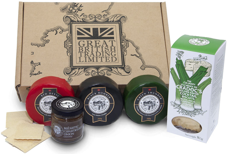 Snowdonia Welsh Cymru Cheese Hamper Truckles with Onion Chutney and Cradocs Crackers Welsh Gift Hamper from GREAT BRITISH TRADING LIMITED - Gift Guide