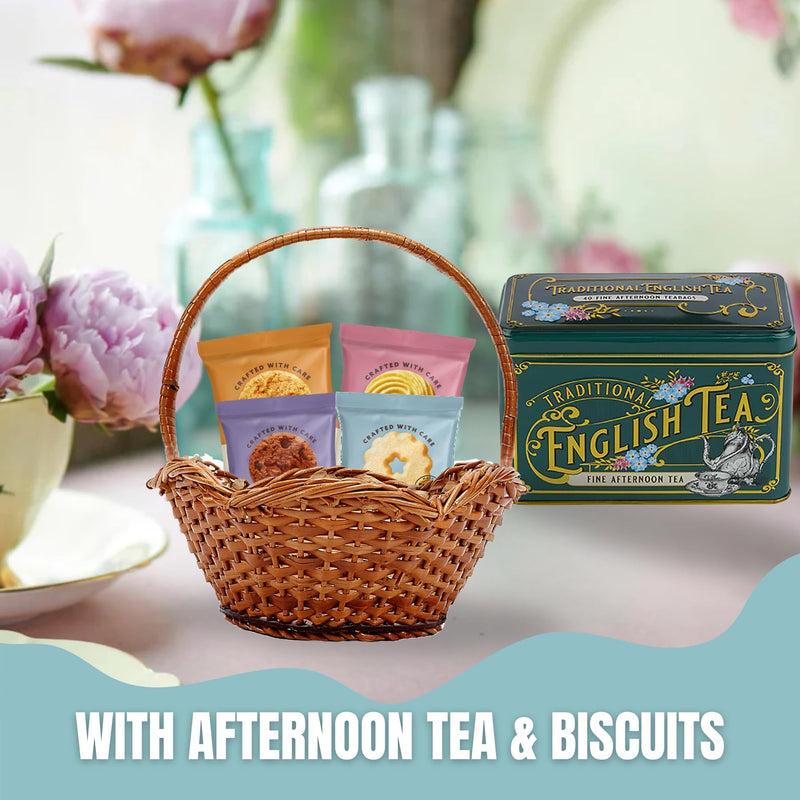 Afternoon Tea & Biscuits Hamper With 8 Border Biscuits & 80 English Teabags (Breakfast & Afternoon) Vintage Tins - Gift Guide