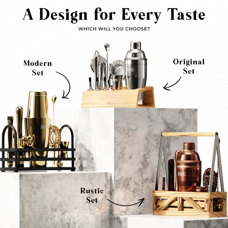 BARE BARREL® Cocktail Making Kit | 14-Piece Bartender Kit Cocktail Shaker Set Maker | Display Stand & 35 Recipe Cards | Mixology Cocktail Gift Set (800ml/28oz Boston Shaker, Jet Black/Black)