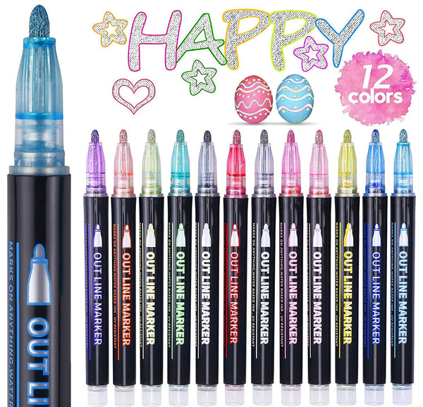 ECtury Glitter Pens Outline Marker Pens, Gifts for Teenage Girls, Stocking Fillers Kids, 12 Colours Metallic Double Line Outline Pens for Scrapbooking, Christmas Gifts for 4-12 Year Old Girls Kids - Gift Guide