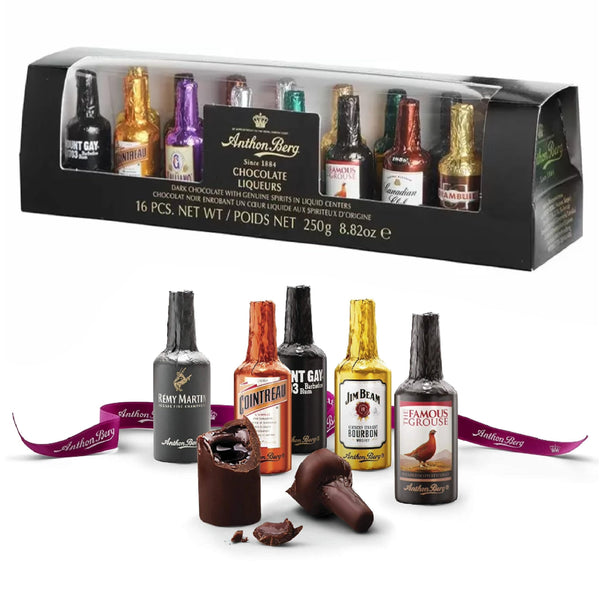 Anthon Berg Liqueur Chocolates Gift - Luxury 16 Dark Chocolate Liqueurs Miniature Alcohol Bottles Selection with Gift Card. Novelty Gifts for Stocking Fillers or Secret Santa Gifts for Women - Gift Guide