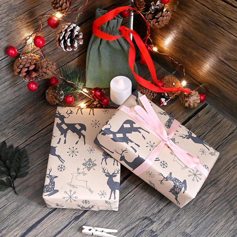 OTMVicor Roll of Christmas Wrapping Paper, 15M Recyclable Gift Wrapping Paper 43cm Width Kraft Paper Printed with Navy Blue Elk Snowflake for Christmas Birthday Gift Wrapping - Gift Guide
