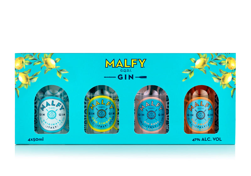 Malfy Italian Gin Miniatures Gift Box Selection | 4 x 5cl | Grapefruit, Lemon, Blood Orange and Original Flavoured Gin Minis | Perfect Gin Gift set | Ideal for Birthday Gifts and Special Occasions