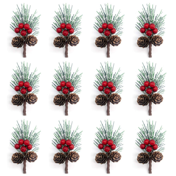 DWTECH 12 Pack Artificial Pine Picks Christmas Pine Needles with Red Berries and Pine Cones for Christmas Craft, Garden, Wreath, Tree, Flower Arrangement, Christmas Party Decoration Gift - Gift Guide