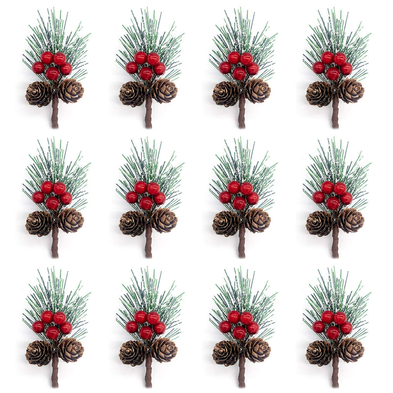 DWTECH 12 Pack Artificial Pine Picks Christmas Pine Needles with Red Berries and Pine Cones for Christmas Craft, Garden, Wreath, Tree, Flower Arrangement, Christmas Party Decoration Gift - Gift Guide