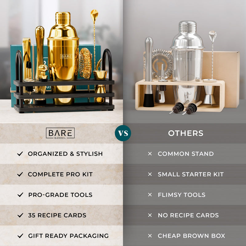 BARE BARREL® Cocktail Making Kit | 14-Piece Bartender Kit Cocktail Shaker Set Maker | Display Stand & 35 Recipe Cards | Mixology Cocktail Gift Set (675ml/24oz Cobbler Shaker, Yellow Gold/Black)