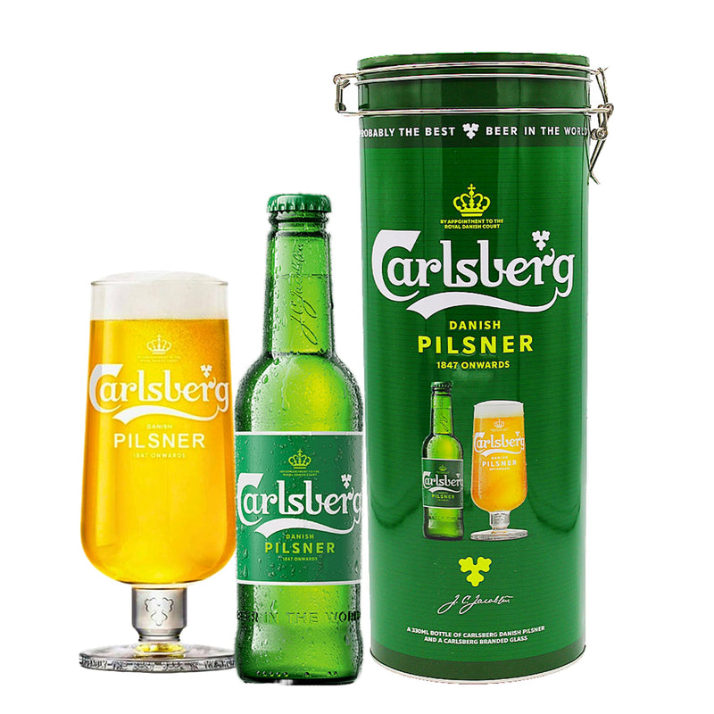 Lager Beer Gift Set for Mens Gifts - Danish Pilsner Beer Bottle 330ml & Chalice Beer Glass in the Tin Gift Set. Great Christmas Gifts for Men, Stocking Fillers or Birthday Gifts for Dad