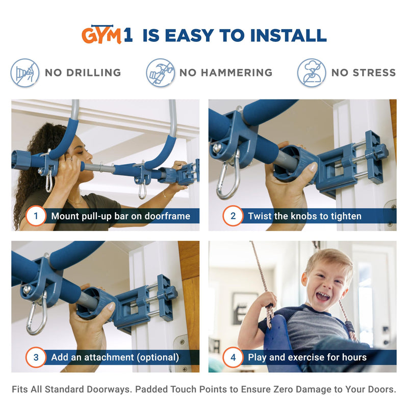 Gym1 6-Piece Doorway Gym for Kids, Includes Door Sensory Swing, Indoor Pull-Up Bar for Adults, Rings, Hanging Trapeze, Ladder & Knotted Rope, Holds Up to 300 Lbs
