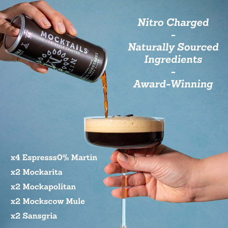 Uniquely crafted, non-alcoholic cocktails. Pack of x4 Espresso Martini, x2 Margarita, x2 Moscow Mule, x2 Cosmo and x2 Sangria. Naturally sourced, nitro charged, ready-to-drink mocktail | 12 x 200ml