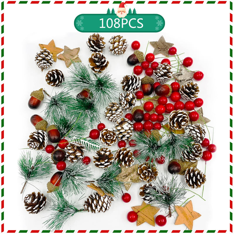 TSLBW 108 Pieces Christmas Wreath Making Decorations Natural Pine Cone Red Holly Berries Pine Needles Branches Fake Acorns DIY Xmas Wreath Making Supplies Christmas Tree Ornament - Gift Guide