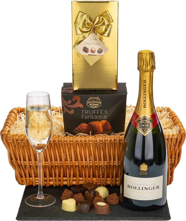 InterHamper | Bollinger Champagne Hamper with Truffles and Hamlet Chocolates presented in a 15inch Wicker Tray Wrapped in Cellophane