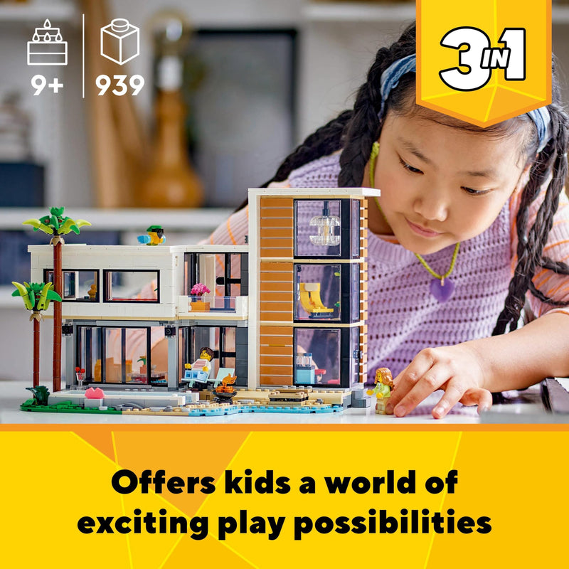 LEGO Creator 3in1 Modern House to 3-Storey City Building to Forest Cabin Set, Model Building Kit for Kids, Gift Idea for 9 Plus Year Old Boys and Girls 31153