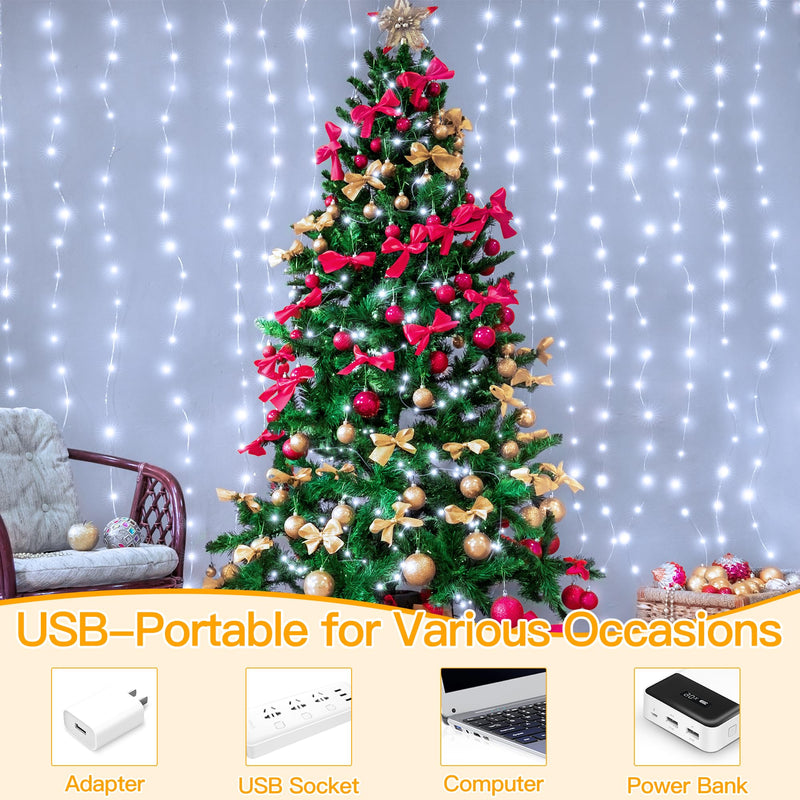 Ollny Curtain Fairy Lights, 200 LED 2m x 2m USB String Light Indoor Outdoor Waterproof Cool White Hanging Window Lights with Hooks, Bedroom/Outside/Wall/Door/House/Garden Decorations - Gift Guide