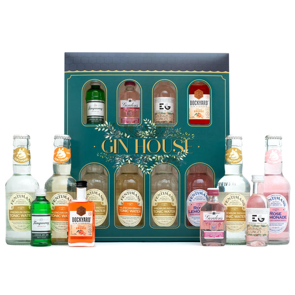 Gin Gift Set - Flavoured Gin 4x5cl Gordons Pink Gin, Edinburgh Gin Rhubarb and Ginger, Tanqueray Gin, Dockyard Orange Gin, 4x125ml Fentimans Tonic Cocktail Mixers - Gin Gifts for Women, Men, Christmas