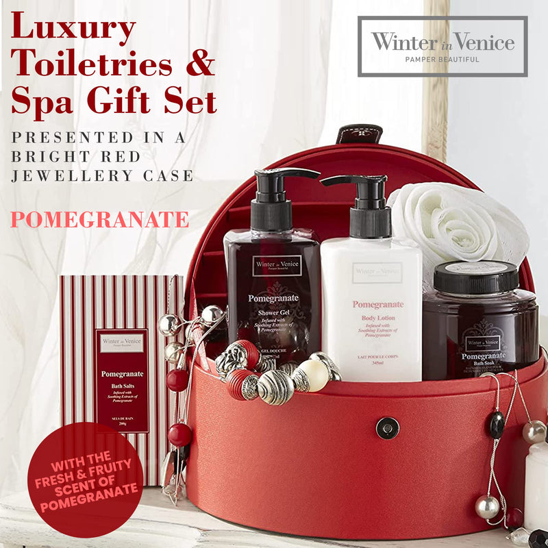 Winter in Venice Pomegranate Jewellery Case Bath Gift Set, Pamper Gifts for Women, Bath Gift Set with Body Lotion, Shower Gel, Bath Soak/Salts, Hand Cream & Rose Puff, Vegan Bath Gift Sets for Women