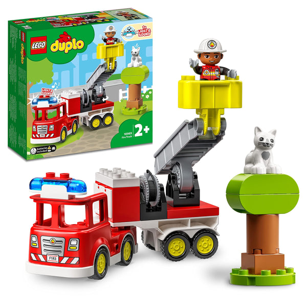 LEGO DUPLO Town Fire Engine Toy for Toddlers, Boys and Girls 2 Plus Years Old, Truck with Lights and Siren, Firefighter & Cat Figures, Educational Learning Toys 10969