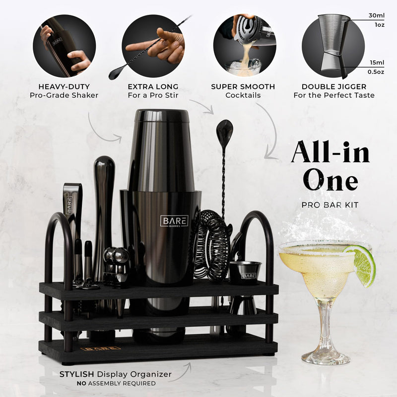 BARE BARREL® Cocktail Making Kit | 14-Piece Bartender Kit Cocktail Shaker Set Maker | Display Stand & 35 Recipe Cards | Mixology Cocktail Gift Set (800ml/28oz Boston Shaker, Jet Black/Black)
