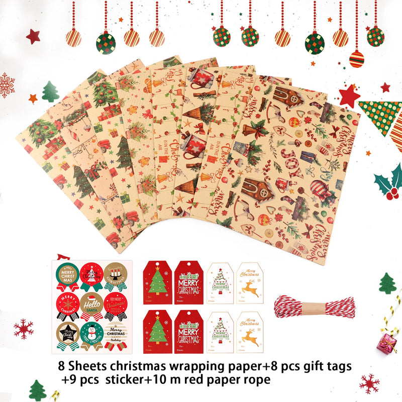 Christmas Wrapping Paper, 8 Sheets Cute Kraft Xmas Wrapping Paper Set with Tags Stickers and Paper Rope, Christmas Wrapping Papers for Gifts Arts Crafts Decorations, 50x70CM - Gift Guide