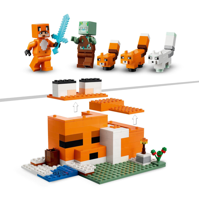 LEGO 21178 Minecraft The Fox Lodge House, Animal Toys, Birthday Gifts for Kids, Boys and Girls age 8 plus Years Old, with Drowned Zombie Figure