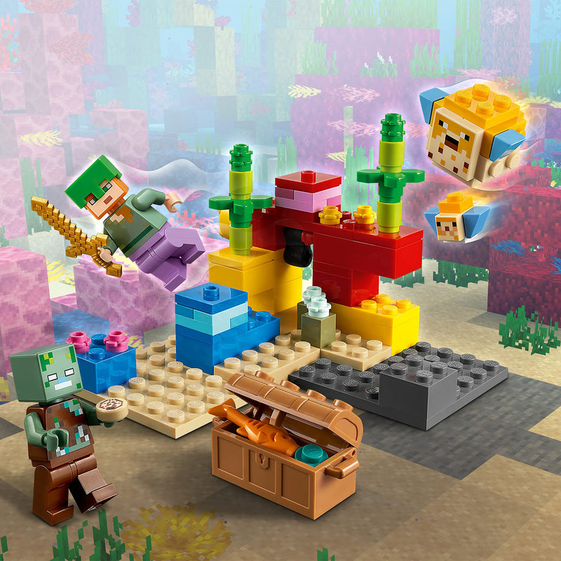 LEGO 21164 Minecraft The Coral Reef Building Toy with Alex, 2 Brick-Build Puffer Fish and Drowned Zombie Figures, Gifts for Kids, Boys & Girls