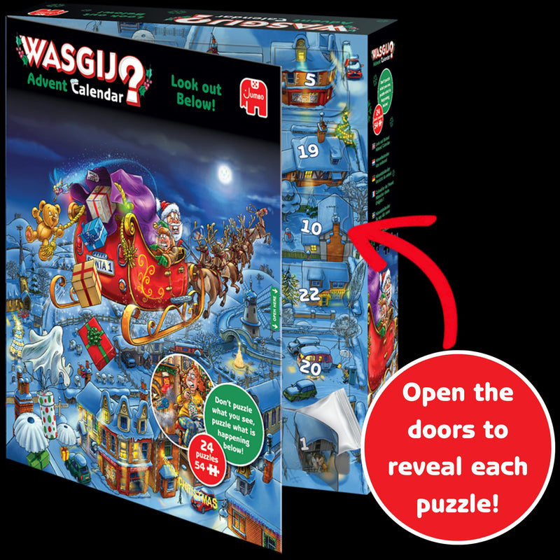 Wasgij Christmas Advent Calendar, Look Out Below! - 24 Days of Puzzles, Don't Puzzle What You See - Brainteasing 54 Piece Adults Puzzle & Comic Puzzle -100% Recycled Cardboard Jigsaw Puzzle for Adults - Gift Guide