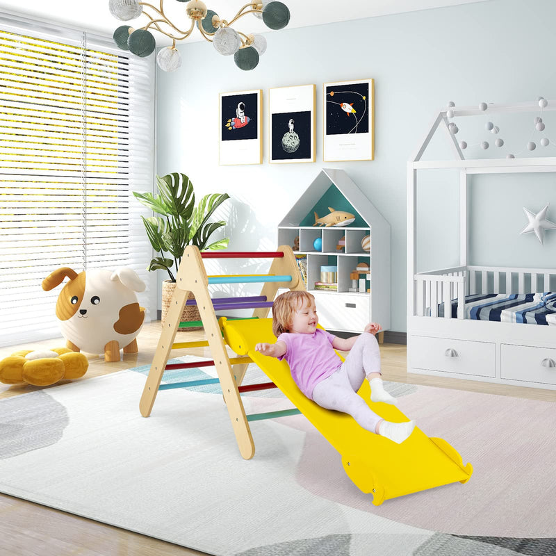 COSTWAY Toddler Climbing Frame, Kids Wooden Montessori Triangle Climber with Double Sided Ramp, Indoor Play Gym for Boys Girls (Multicolor)
