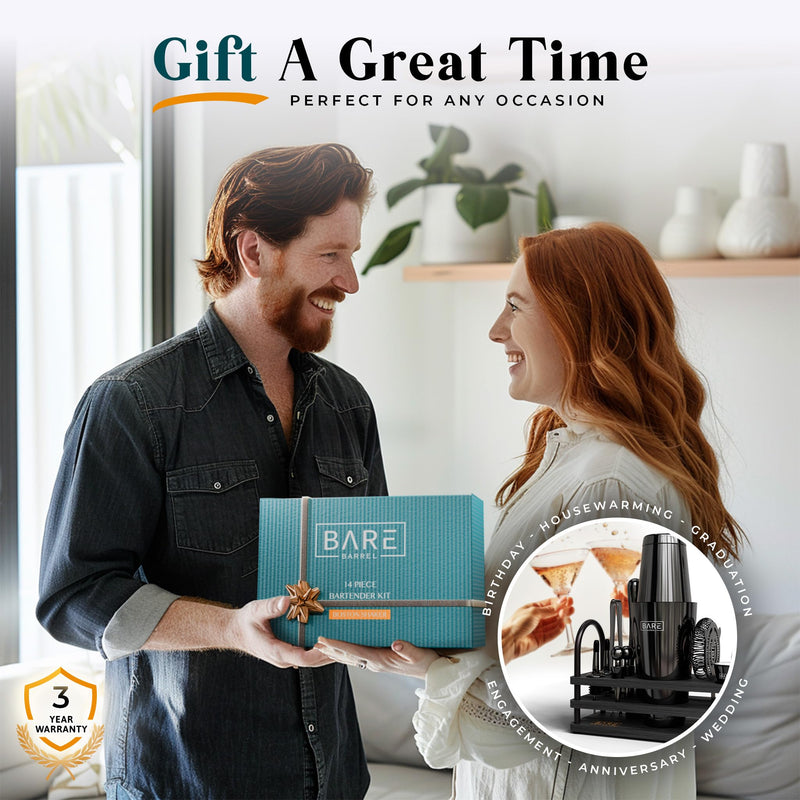 BARE BARREL® Cocktail Making Kit | 14-Piece Bartender Kit Cocktail Shaker Set Maker | Display Stand & 35 Recipe Cards | Mixology Cocktail Gift Set (800ml/28oz Boston Shaker, Jet Black/Black)