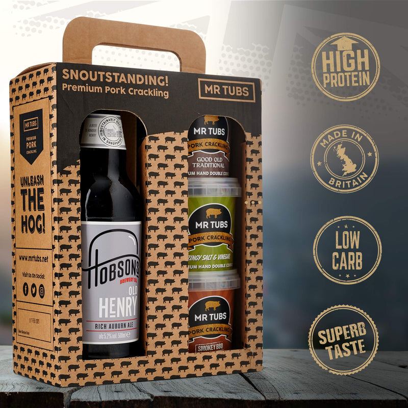 Mr Tubs Premium Pork Crackling & Single (500ml) Beer Gift Set - 3 x Crackling Flavour Tubs & 1 x Beer - Ideal Low Carb, Keto & Paleo Friendly Pork Scratchings Meat Snack (Old Henry)