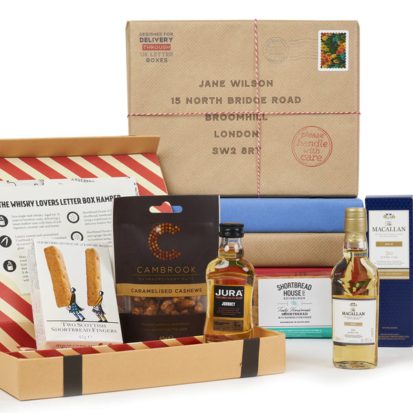 Whisky Lovers Letter Box Hamper - Ideal Letterbox gift for Whisky lovers with Jura and Macallan Single Malt Whisky - Beautifully hand wrapped