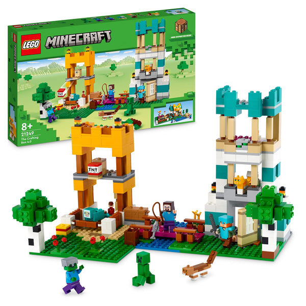 LEGO 21249 Minecraft The Crafting Box 4.0, 2in1 Playset; Build River Towers or Cat Cottage, with Alex, Steve, Creeper and Zombie Mobs Figures, Action Toys for Kids, Boys, Girls