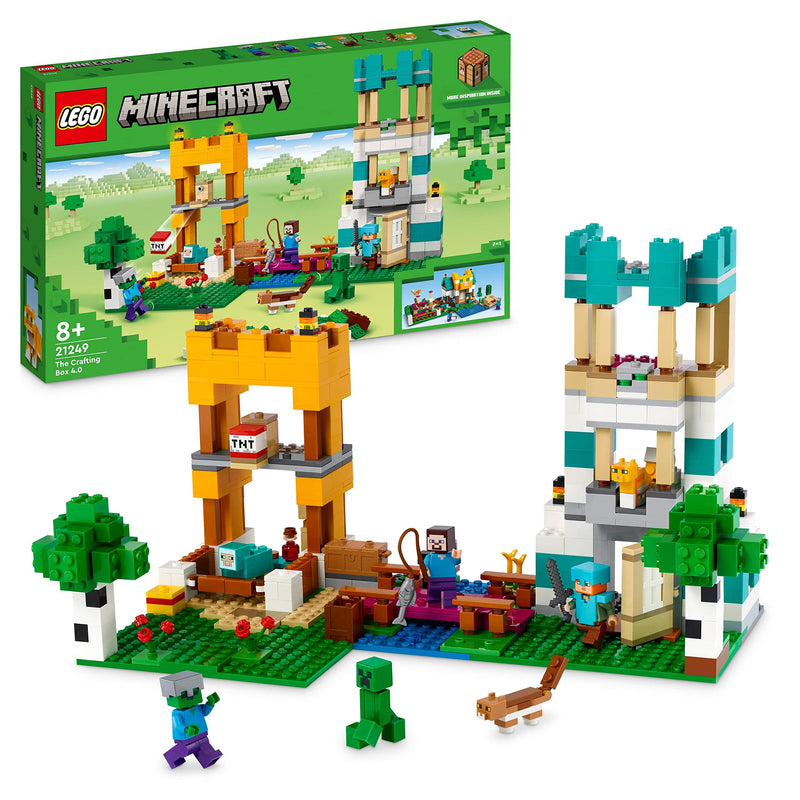 LEGO 21249 Minecraft The Crafting Box 4.0, 2in1 Playset; Build River Towers or Cat Cottage, with Alex, Steve, Creeper and Zombie Mobs Figures, Action Toys for Kids, Boys, Girls