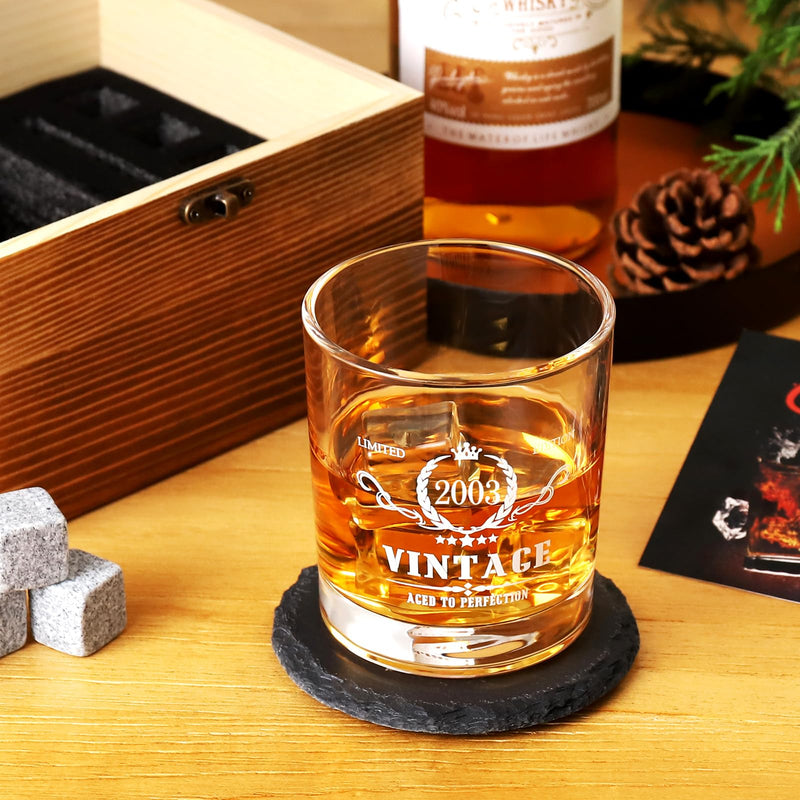 Tecanne 21st Birthday Gifts for Men, Vintage 2003 Whiskey Glass Set - 21 Years Anniversary, Bday Gifts Ideas for son, Husband, BoyFriend, Friends - Wood Box & Whiskey Stones & Coaster