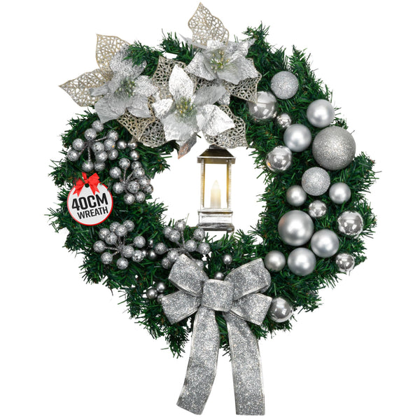 GloBrite 40cm Christmas Wreath with Bows, Baubles & Lantern | Christmas Wreaths for Front Door | Christmas Door Wreaths Home Decor Christmas Decorations Christmas Outdoor Decorations - Silver - Gift Guide