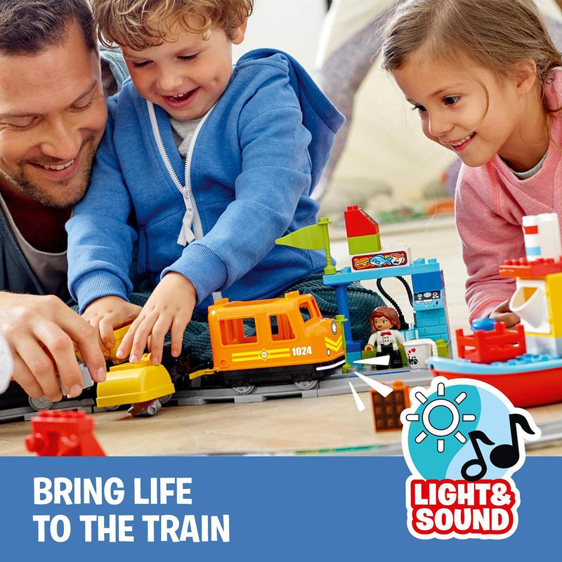 LEGO DUPLO Town Cargo Train Set with Sound & Light, Direction & Stop Action Bricks, Push & Go Motor and Moving Crane Toy, Gifts for 2-5 Year Old Kids, Boys & Girls 10875